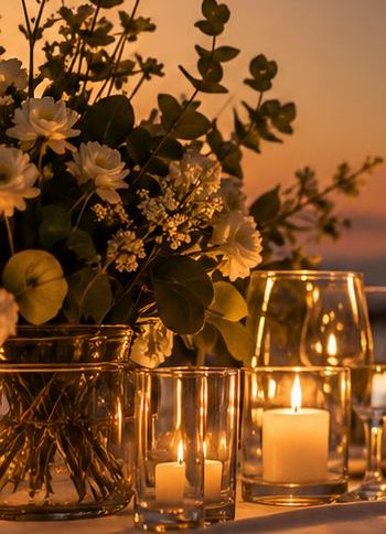 Candles and white flowers on a dinner table at sunset